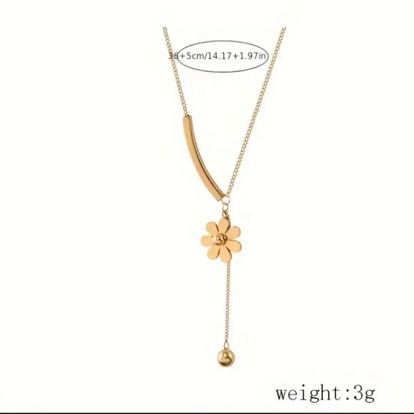 Delicate Boho Little Daisy Floral Bar Dangle Necklace- 18K Gold Plated - Picture 7 of 8